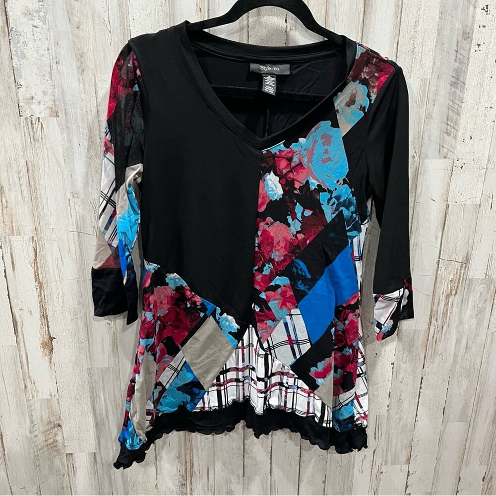 Style & Co Black Art To Wear Sheer Sleeve Top